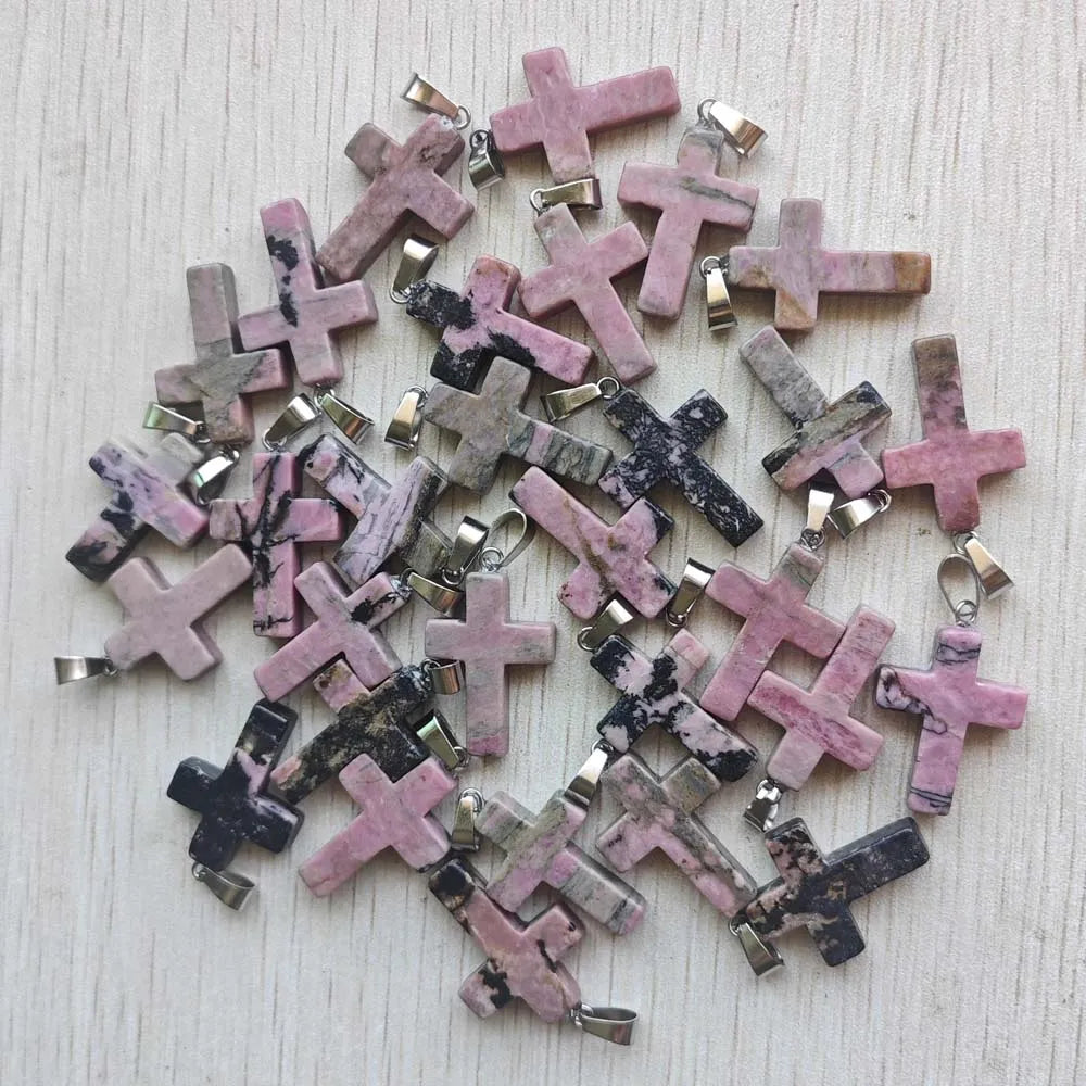 50pcs/lot Natural stone mixed color assort  cross pendants Charms fit Necklaces jewelry making