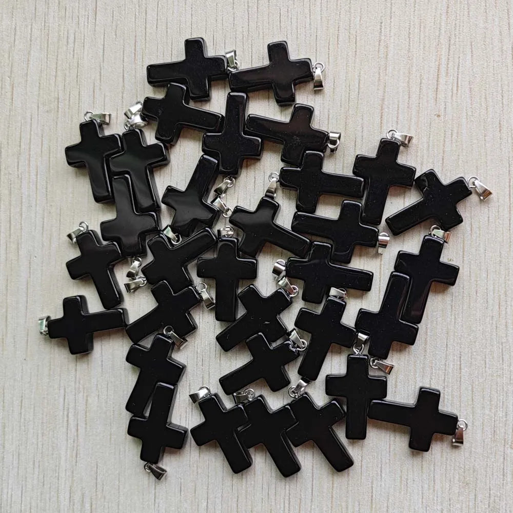 50pcs/lot Natural stone mixed color assort  cross pendants Charms fit Necklaces jewelry making