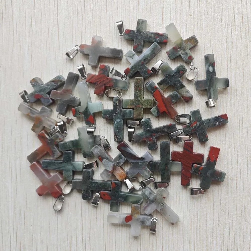 50pcs/lot Natural stone mixed color assort  cross pendants Charms fit Necklaces jewelry making